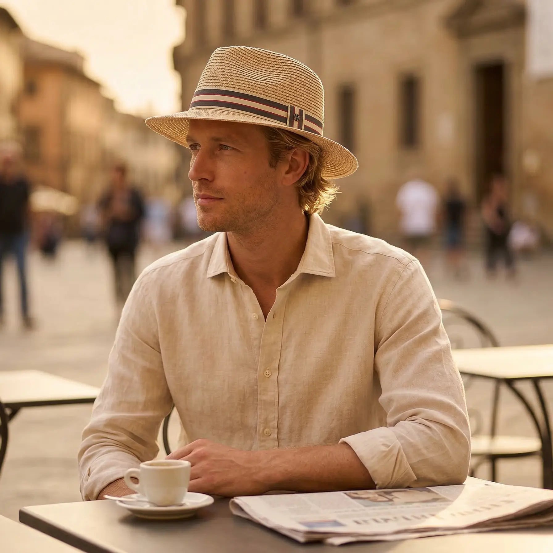 Man sitting at an outdoor cafe table with a newspaper and coffee cup, wearing a Stripe Fedora sun hat